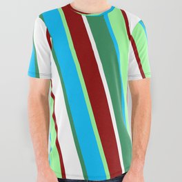 [ Thumbnail: Vibrant Green, Deep Sky Blue, Sea Green, White & Dark Red Colored Lines Pattern All Over Graphic Tee ]