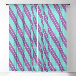 [ Thumbnail: Purple and Turquoise Colored Lined/Striped Pattern Sheer Curtain ]