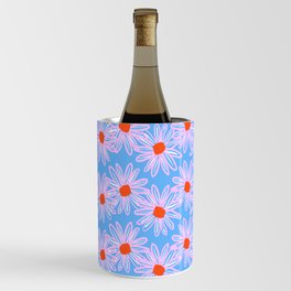 Mid-Century Modern Inked Daisies Pink on Blue Wine Chiller