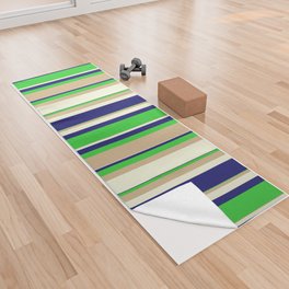 [ Thumbnail: Midnight Blue, Lime Green, Tan & Beige Colored Stripes/Lines Pattern Yoga Towel ]