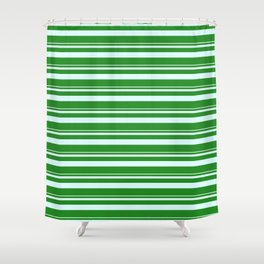 [ Thumbnail: Light Cyan and Forest Green Colored Lined Pattern Shower Curtain ]