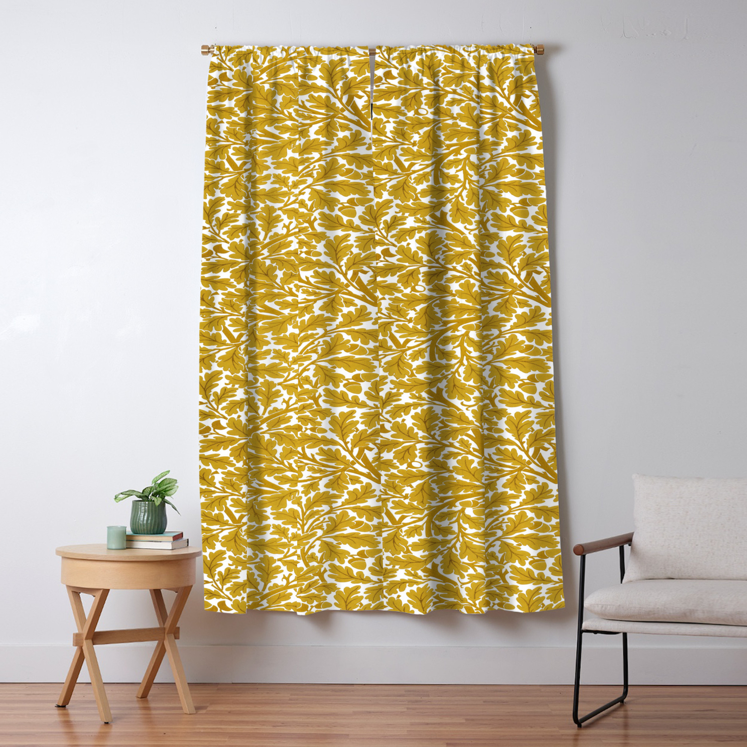 William Morris Oak Leaves Mustard Yellow White Blackout Curtain