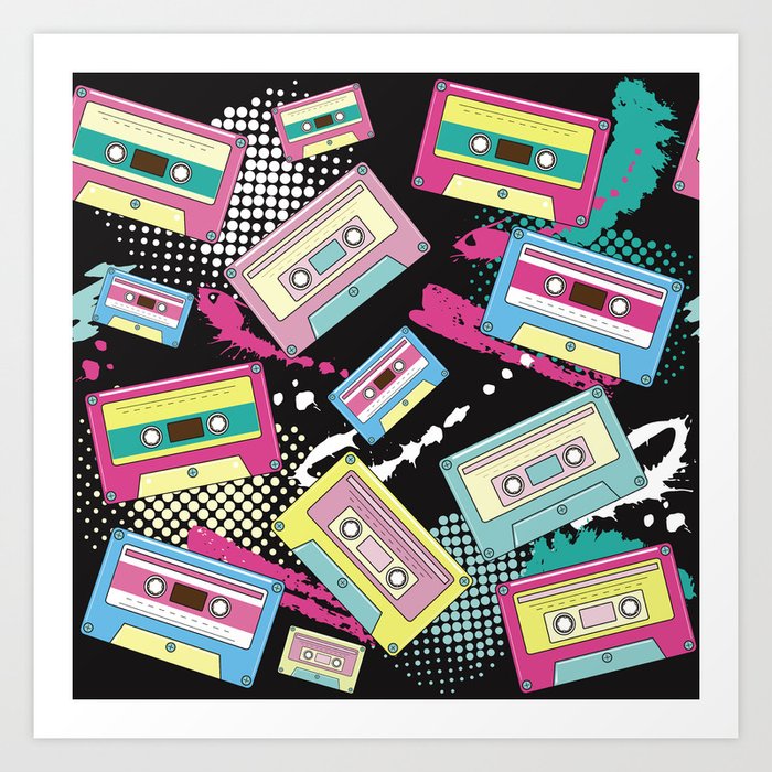 Multi Colored cassettes on a black background seamless pattern Art Print