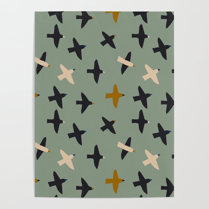 Stylish minimalism seamless pattern with rooks on grey green background . Modern print with rooks in minimalism scandinavian style Poster