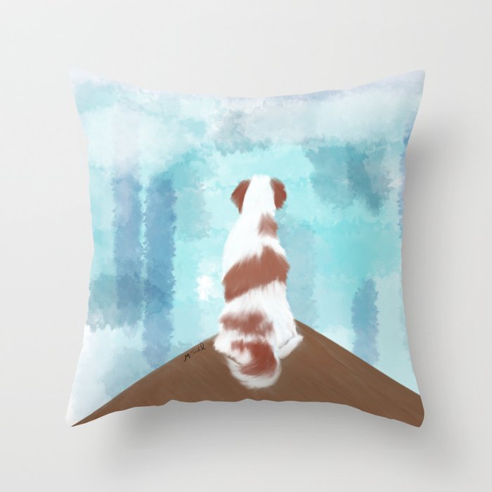 Deschutes The Brittany Spaniel Throw Pillow | Drawing, Digital, Brittany-spaniel, Brittany, Spaniel, White-and-red, Sitting-on-deck, At-the-lake, Dog, Cute