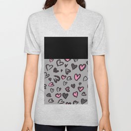 Black & Gray Pink Hearts V Neck T Shirt