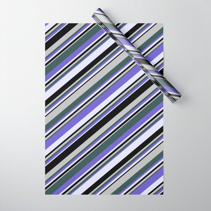 Eyecatching Grey, Dark Slate Gray, Slate Blue, Lavender, and Black Colored Lines/Stripes Pattern Wrapping Paper