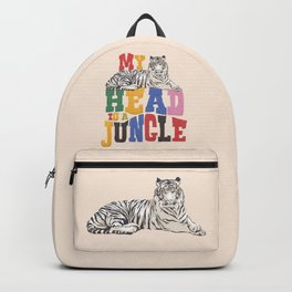 My Head Is A Jungle - Tiger Colorful Type Backpack | Retro, Tiger, Showmemars, Good Vibes, Animal, Curated, Jungle, Big Cat, Typography, Lettering 