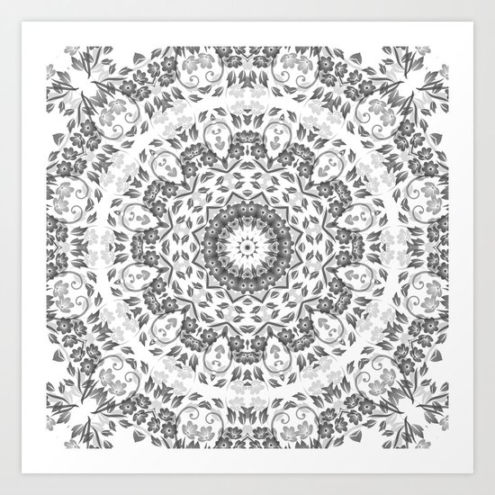 Gray White Floral Mandala Art Print
