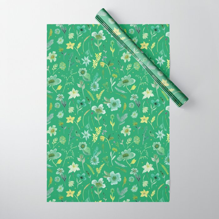 Verdant Flowers on Emerald Background Wrapping Paper
