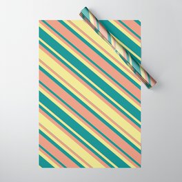 [ Thumbnail: Dark Salmon, Tan & Dark Cyan Colored Lined/Striped Pattern Wrapping Paper ]