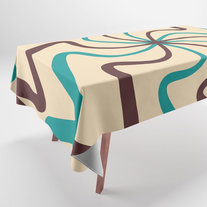 Mid Century Abstract Liquid Lines Pattern - Viridian Green and Brown Coffee Tablecloth