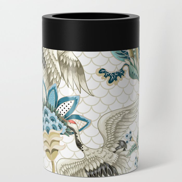 Japanese Ornate Heron Pattern Ivory Silver Blue Can Cooler