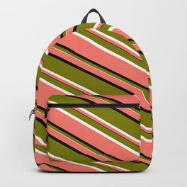 [ Thumbnail: Salmon, Black, Green, and White Colored Lines Pattern Backpack ]