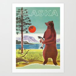 Bear in Alaska Retro Vintage Wall Art Art Print