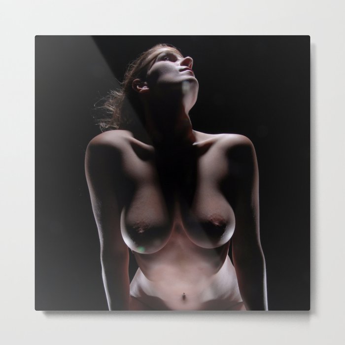 8424s-LP Beautiful Well Endowed Art Nude Woman Looking up to the Light Metal Print