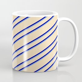 [ Thumbnail: Tan, Blue, and Cornflower Blue Colored Lines Pattern Coffee Mug ]