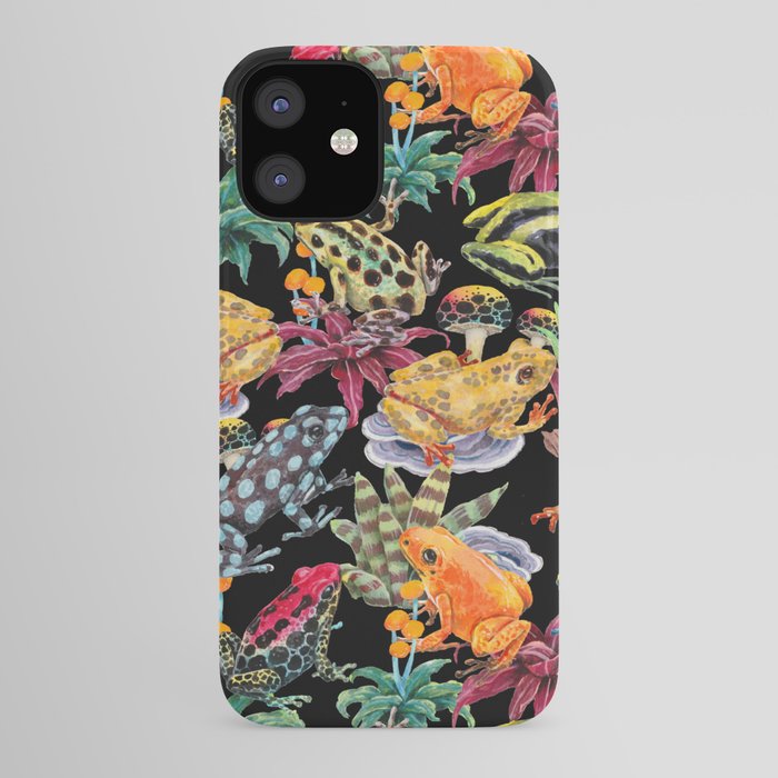 Tropical frogs and plant - black iPhone Case
