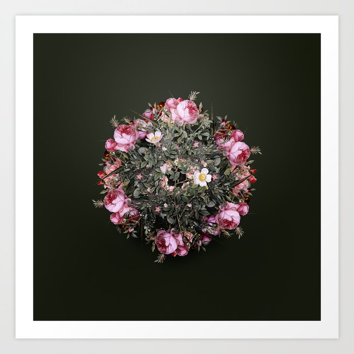 Vintage Pink Hedge Rose in Bloom Flower Wreath on Olive Green Art Print
