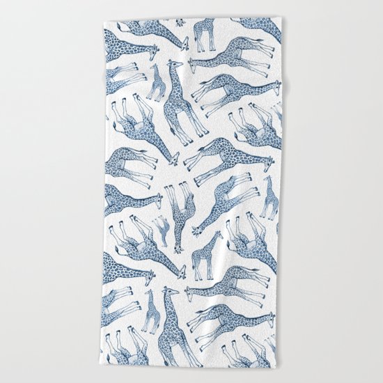Navy Blue Giraffes on White Beach Towel