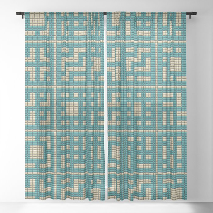 Beaded Breeze Blocks Design Pattern Turquoise Cream Sheer