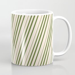 [ Thumbnail: Beige & Dark Olive Green Colored Striped/Lined Pattern Coffee Mug ]
