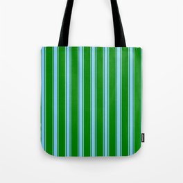 [ Thumbnail: Green and Light Sky Blue Colored Striped Pattern Tote Bag ]