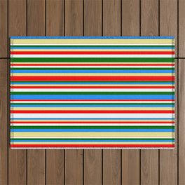 [ Thumbnail: Colorful Blue, Tan, Red, White, and Dark Green Colored Striped/Lined Pattern Outdoor Rug ]