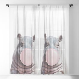 Baby Hippo Blowing Bubble Gum, Pink Nursery, Baby Animals Art Print by Synplus Sheer Curtain