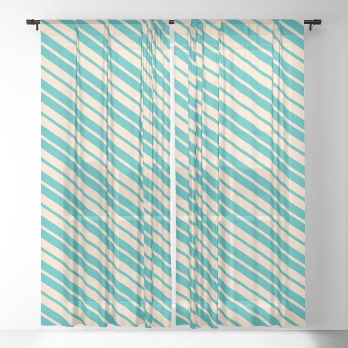Bisque & Light Sea Green Colored Stripes/Lines Pattern Sheer Curtain