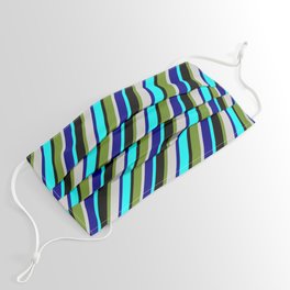 [ Thumbnail: Colorful Aqua, Black, Green, Light Grey, and Blue Colored Lined/Striped Pattern Face Mask ]
