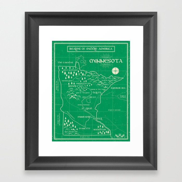 Fantasy Style Map of Minnesota - Green Framed Art Print