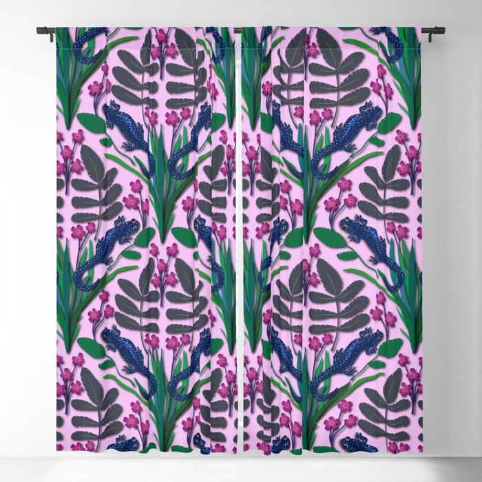 Blue spotted salamander pattern on pink Blackout Curtain