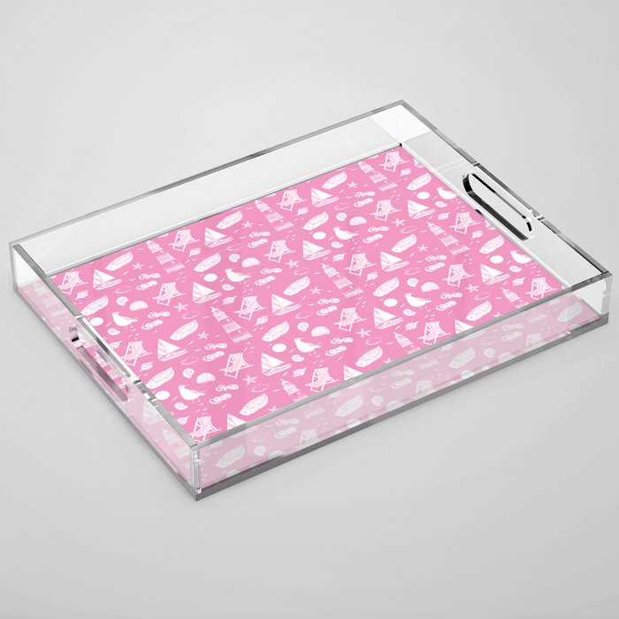 Pink And White Summer Beach Elements Pattern Acrylic Tray