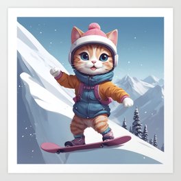 Cute Kitten Takes on the Alpine Slopes Art Print