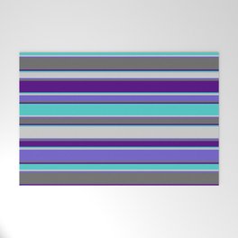 [ Thumbnail: Eye-catching Indigo, Turquoise, Light Gray, Slate Blue, and Dim Grey Colored Striped Pattern Welcome Mat ]