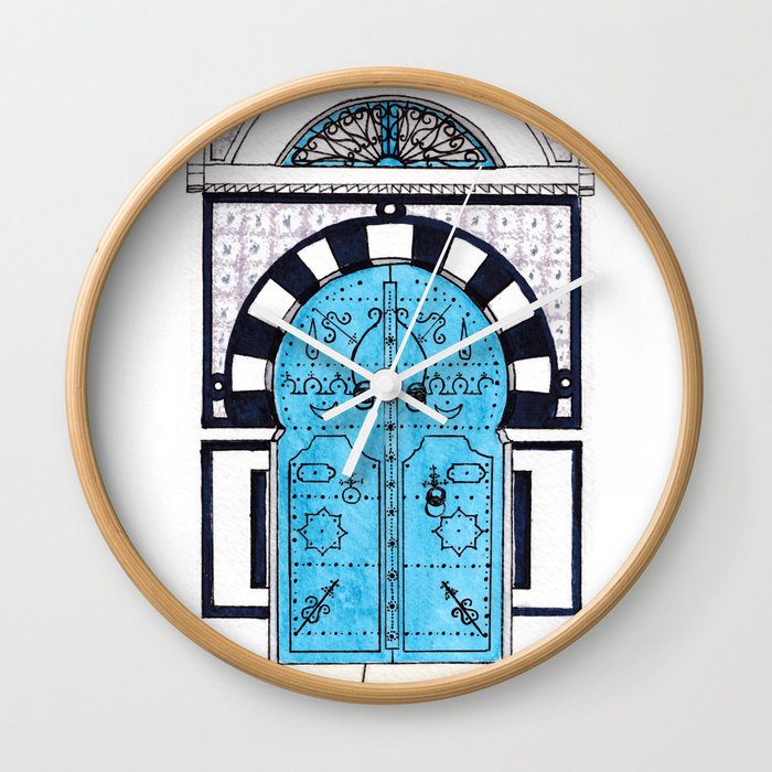 Blue Door in Sidi Bou Said with tiles Wall Clock