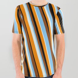[ Thumbnail: Vibrant Brown, Light Sky Blue, Mint Cream, Dark Orange & Black Colored Stripes/Lines Pattern All Over Graphic Tee ]