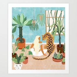 Urban Jungle Illustration, Tiger Home Decor, Woman & Modern Bohemian Wildlife Painting Art Print