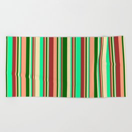 [ Thumbnail: Eye-catching Brown, Green, Beige, Dark Green & Light Salmon Colored Lined/Striped Pattern Beach Towel ]