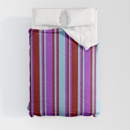 [ Thumbnail: Sky Blue, Dark Orchid, and Dark Red Colored Pattern of Stripes Comforter ]