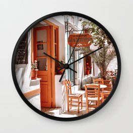 Traditional Coffee Shop in Greece, Greek Summer in Cyclades islands, Orange and Green Travel Photography  Wall Clock