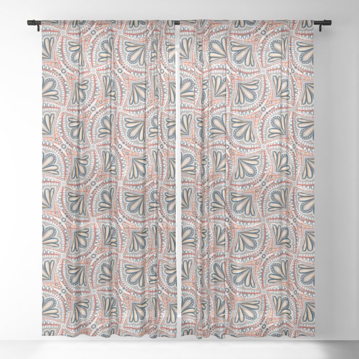 Textured Fan Tessellations in Red, White, Orange and Indigo Sheer Curtain