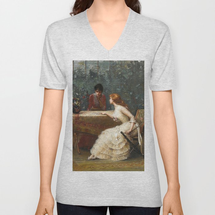 Edouard Bisson two women ,Asking to the cards (1889)Frage an die Karten , Edouard Bisson V Neck T Shirt