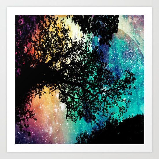 Black Trees Colorful Space Art Print