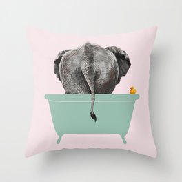 Baby Elephant in Bathtub in Pink Throw Pillow