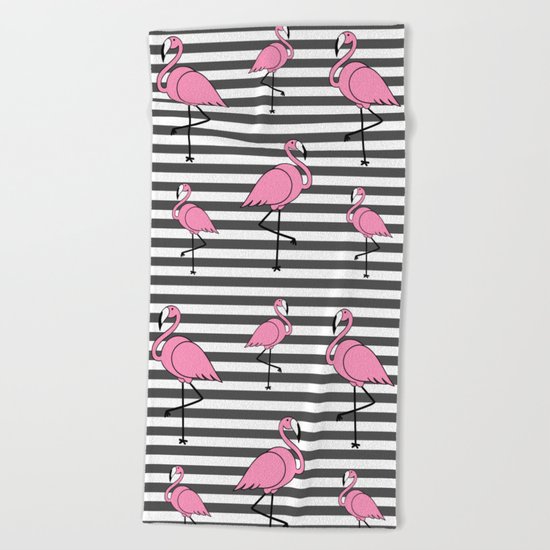 Flamingo Pattern Striped Background Beach Towel