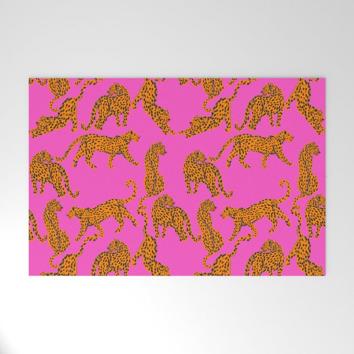 Abstract leopard with red lips illustration in fuchsia background  Welcome Mat