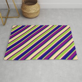 [ Thumbnail: Green, Tan, Purple & Blue Colored Lined Pattern Rug ]