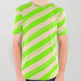 [ Thumbnail: Chartreuse and Bisque Colored Striped/Lined Pattern All Over Graphic Tee ]